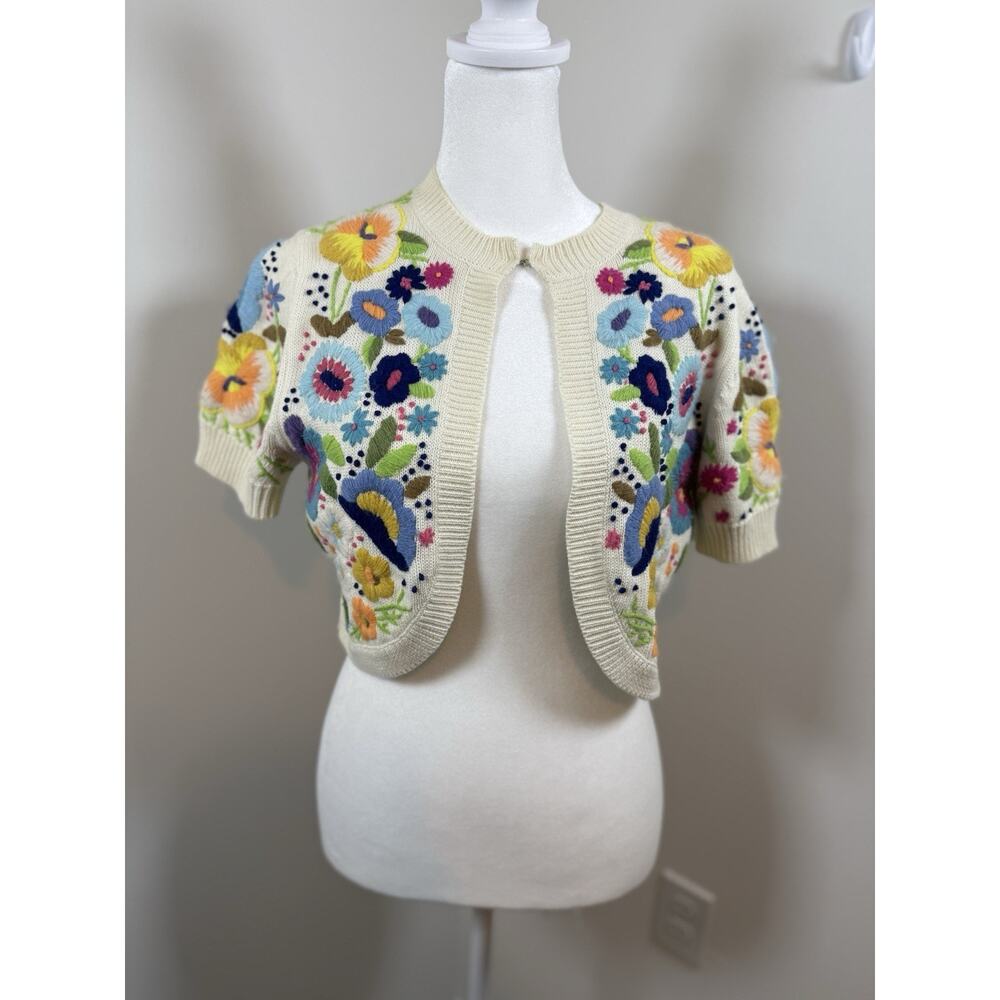 Wendy Hil Embroidered Cardigan Women’s Medium Floral Colorful Crop Sleeve Boho
